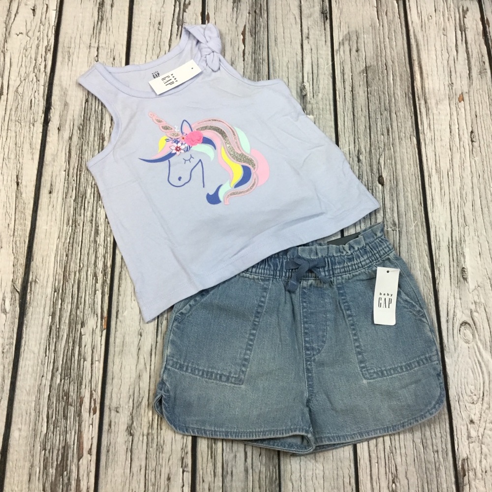 Gap Girls 18-24 2T 4T 5T Unicorn Shirt & Denim Shorts Outfit. NWT